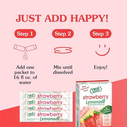 TRUE LEMON STRAWBERRY LEMONADE WATER ENHANCER DRINK MIX (30 COUNT), LOW CALORIE DRINK MIX PACKETS FOR WATER, POWDERED DRINK MIXES & FLAVORS, INDIVIDUAL DRINK PACKETS WITH STEVIA
