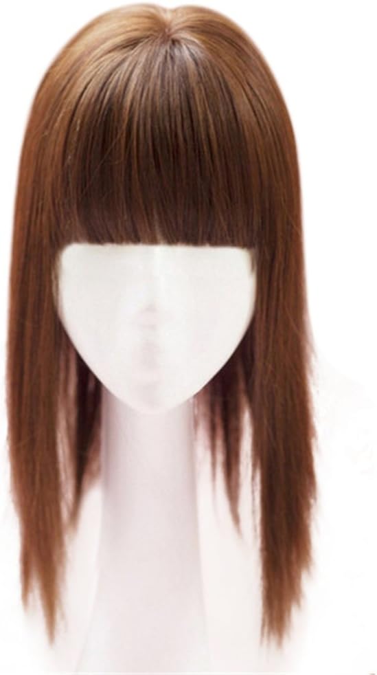 Remeehi 35cm Synthetic Seamless Hair Replacement Mono Hairpiece for Hair Loss Clip in Hair Topper with Flat Bangs Thin Light Brown