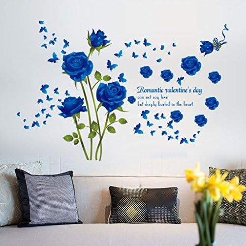 Fashion Romantic Rose Flower Wall Decals Flower Vines Butterfly &amp; Lettering art Stickers Wall Decor Nursery Decal for Living Room Woman Rooms Kids Girls Bedroom Offices TV Background (Blue)