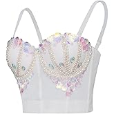 ROYAL SMEELA Women's Sexy Sequin Bustier Crop Top Push Up Bra Clubwear Party Bustier Crop Top White