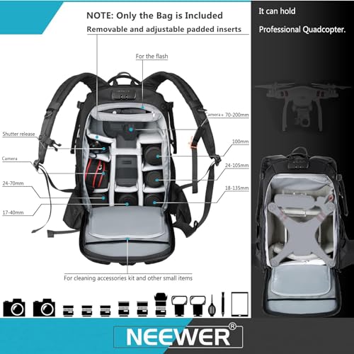 Neewer Pro Camera Case Waterproof Shockproof Adjustable Padded Camera Backpack Bag with Anti Theft Lock for DSLR, Compatible with DJI Phantom 1 2 3 Drone Tripods Flash Lens Accessories