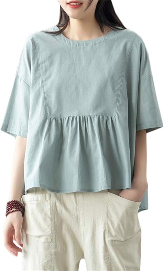 Amazon Gergeoustシャツ レディース 半袖 トップス 綿 麻 シャツ カジュアル 無地 カットソー ゆったり ブラウス 大きいサイズ プルオーバー 夏物 Freesizeブルー Tシャツ カットソー 通販