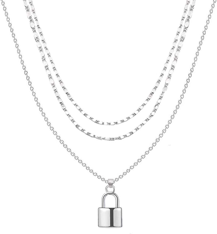Multilayer Silver Lock Necklace Punk Metal Lock 3-layer Choker Necklace Geometric Lock Type Clavicle Egirl Y Necklace for Women Girl