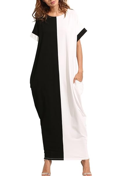 Wiwish Womens Summer Beach Dresses Color Block Pockets Short Sleeve Plus Size Kaftan Casual Loose Long Maxi Dress