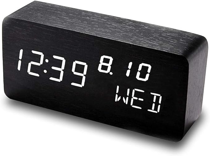Sveglia Digitale In Legno Con Display LED, Temperatura, Calendario E Porta USB. Stile Moderno Per Scrivania.