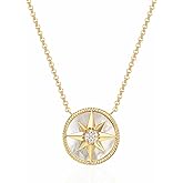 Miss mimi North Star Compass Necklace, 18K Gold Plated, Synthetic Malachite or Mother of Pearl Inlay, Adjustable 15.75+2.75 in Layering Pendant, Dainty Celestial Lucky Talisman Jewelry
