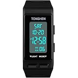 TONSHEN Unisex Outdoor Sport Digital Watch Waterproof LED Electronic Double Time Rectangular Plastic Case with Rubber Band Mu