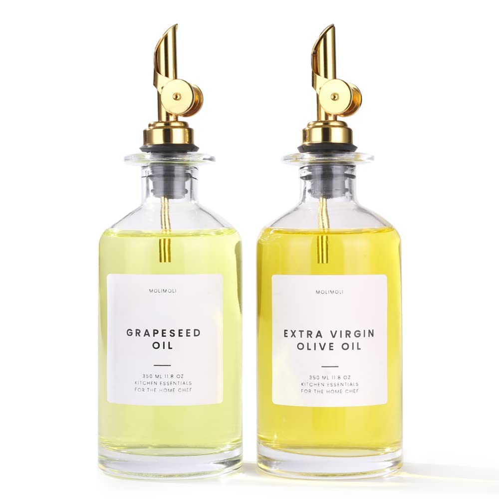 Molimoli Deluxe Olive Oil Dispenser Bottle -Set of 2 350ml Glass Bottles With Gold Pourer for Kitchen and Cooking- Vintage Oil and Vinegar Bottle with Labels