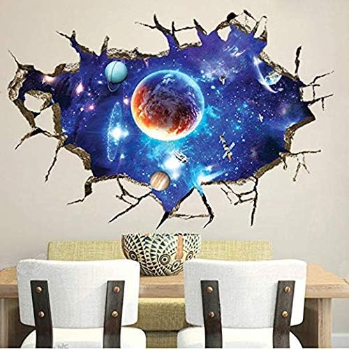 Vklet 3D Broken Wall Blue Outer Space Universe Galaxy Planet Removable Wall Sticker Decal, Children Kids Baby Home Room Nursery DIY Decorative Adhesive Art Wall Mural