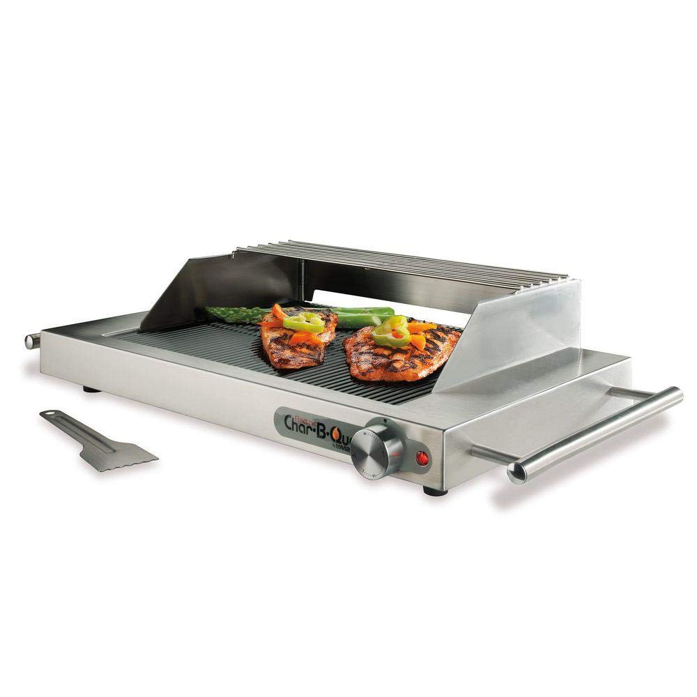 MaverickElectric Char-B-Que, High-Efficiency INFRARED Ribbed Glass Electric Grill with Stainless Steel Windscreen, Splatter Shield and Warmer Rack by Maverick