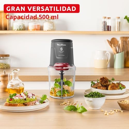 Easy Press, Cortador de alimentos, 600 W, capacidade de 500 ml, 4 lâminas afiadas em aço inoxidável, Safe Start Tecnologia avançada, 3 funções, Lavador de loiça, Cinzento, AT740HF1