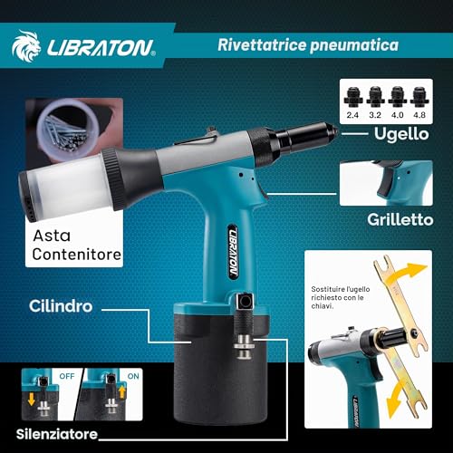 LIBRATON Pneumatic Riveter Kit, Heavy Duty Pneumatic Riveter Gu 2.4mm 3.2mm 4.0mm 4.8mm with 200c Rivet, Professional Auto Repair Tool, Suctio Design
