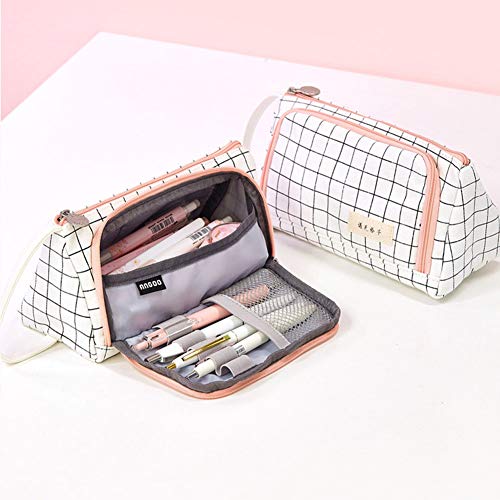COOLOOK Big Capacity Colored Canvas Storage Pouch Marker Pen Pencil Case Stationery Bag Holder for Middle High School Office College Student Girl Women Adult Teen Christmas Gift White Plaid