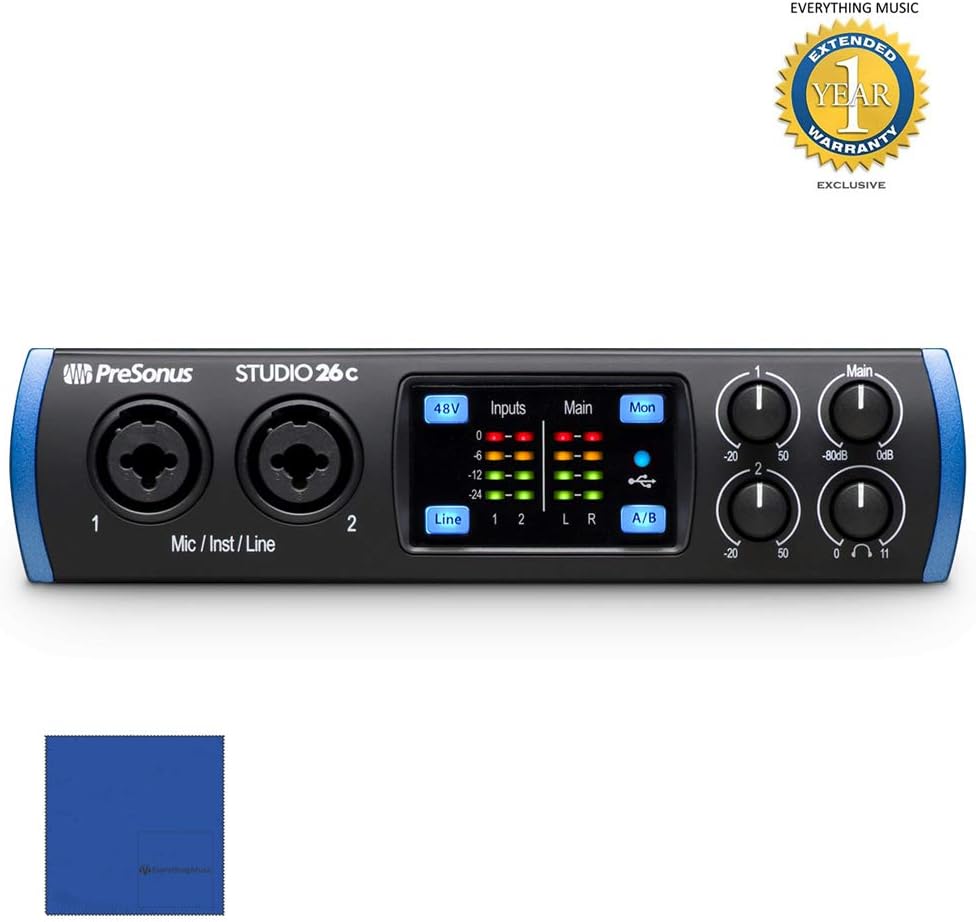 PreSonus Studio 26c 2x4 USB Type-C Audio/MIDI Interface with Microfiber and 1 Year Everything Music Extended Warranty