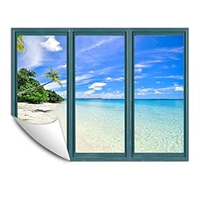 Wall Murals for Bedroom Fake Window Beach Blue Window Removable Wallpaper Peel and Stick Wall Stickers - 24x32 inches