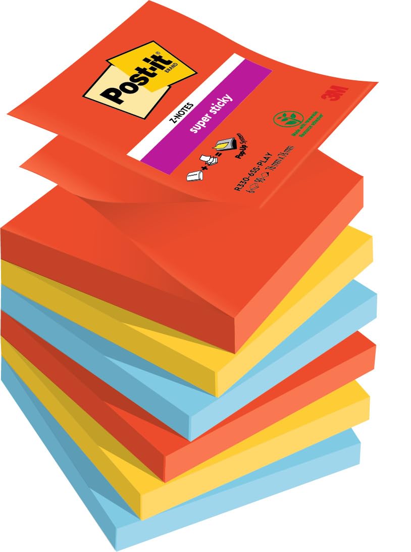 Post-it Super Sticky Z-Notes, 540 Sheets, Pack of 6 Pads, 76 mm x 76 mm - Holds Strong to Many Surfaces - Red, Yellow, Blue - for Walls, Monitors and Fridge, Recycable