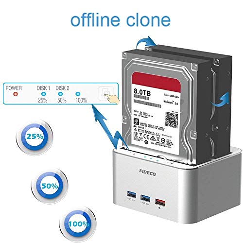 FIDECO Hard Drive Docking Station, USB 3.0 to SATA HDD Docking Station Dual-Bay External Hard Drive Dock with Offline Clone Function for 2.5"/3.5" SATA HDD SSD Drives, Support 2X 10TB, Silver
