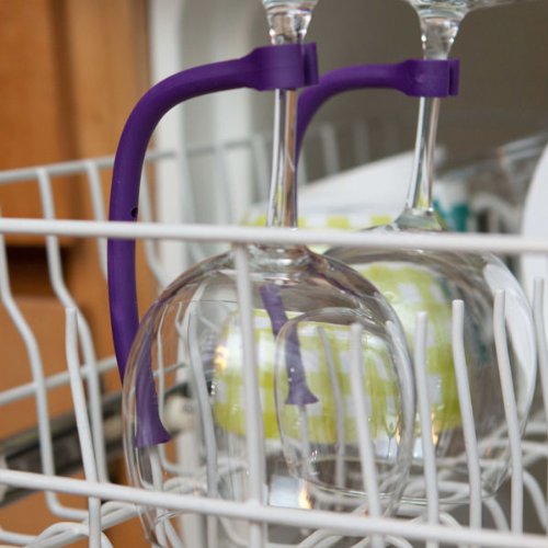 (4 Pack) Tether Stemware Saver Set -Flexible Dishwasher Stabilizer Holder for Wine Glasses-Purple