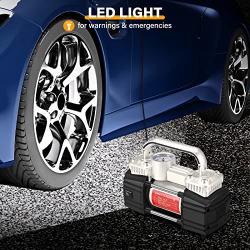 GSPSCN Silver Dual Cylinder 12V Air Compressor Pump for Car, Heavy Duty