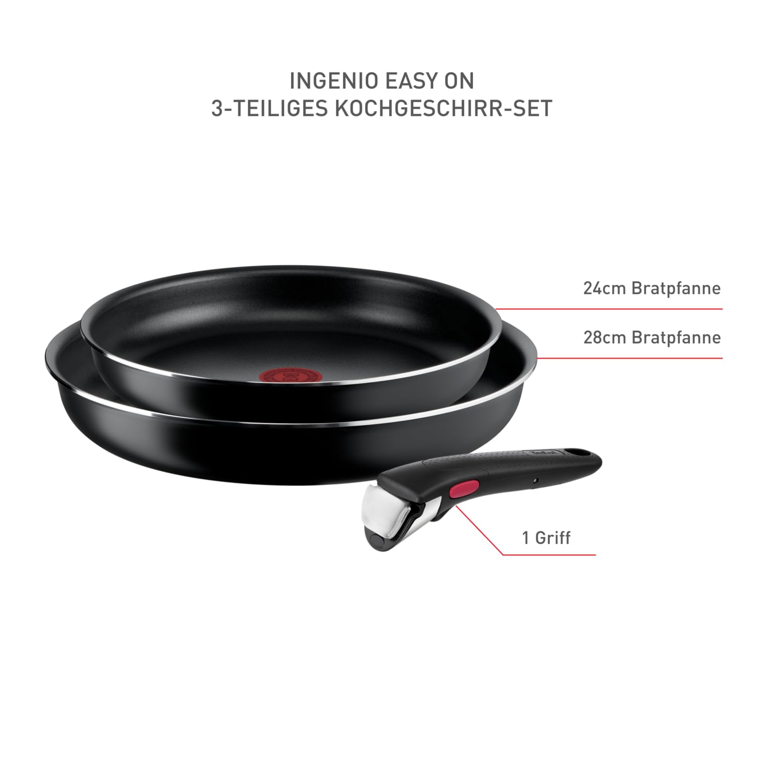Tefal Ingenio Easy On 3-teiliges Pfannenset abnehmbarer Griff, 24/28 cm, stapelbar, platzsparend, Pfannen mit Antihaftversiegelung, einfache Handhabung und Reinigung, L15993 2