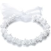 Merroyal White Rose Flower Crown, First Holy Communion Headpiece, Wedding Hair Wreath with Chiffon Berry Details (White, One Size)