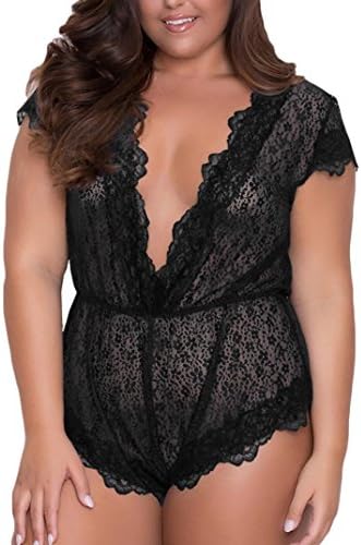 Beikoard Lingerie for Women Teddy One Piece Deep V Lingerie Lace Babydoll Bodysuit Plus Size Lounge Romper (M, Black)