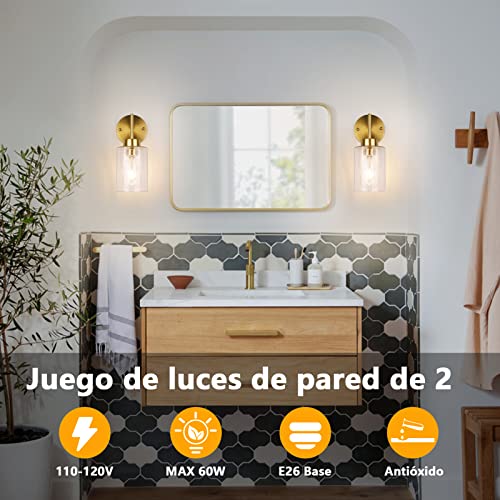 Lámpara De Pared Interior, JSXing Apliques De Pared Con Pantalla De Vidrio Transparente, Lampara De Pared Para Baño, Dormitorio, Espejo, Sala De Estar,E26 Base (Oro-2 piezas)