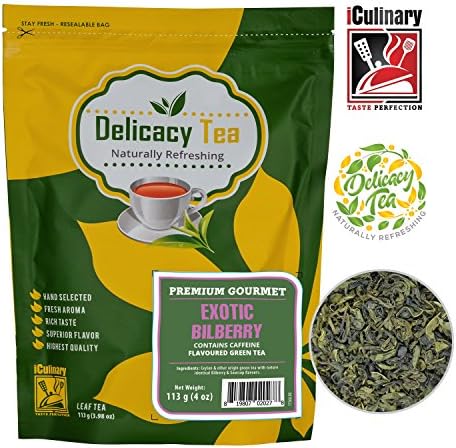 Delicious Premium Grade All Natural Loose Leaf “Exotic Bilberry” Ceylon Green Tea Blended with Bilberry and Soursop Flavor, Makes 50 Cups of Delicious Tea from iCulinary, Zipper Pouch, 4oz
