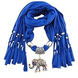 Creazy Women Elephant Pendant Scarf with Tassel Rhinestone Jewelry Scarves (Blue)