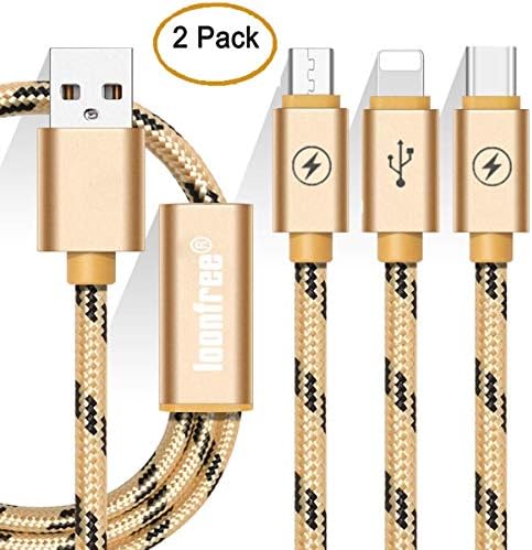 Multi USB Cable, Multi Charger Cable, Multi Charging Cable, 3 in 1 3A 1.2m Micro USB/USB Type C Nylon Braided USB Charger Data Cable Compatible with 7 7 Plus 6s 6s Plus 6 6 Plus-Gold (2 Packs)