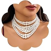 Jumwrit Boho 8 Tier Layered Pearl Choker Necklace Dainty Chunky Chain Multi Strand Pearl Beaded Pendant Necklace Vintage Party Short Necklace Statement 1920s Flapper Accessories for Women