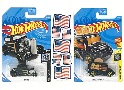 Cars HW Roller Toaster & Black 32' Ford Hot Rod Bundle 2019 Plus American Flag Stickers