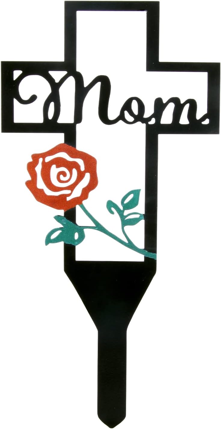 Decorative Garden Stakes - LVOERTUIG Grave Decorations for Cemetery,Metal Cross Garden Stake Graves Cemetery Decorations,Cemetery Memorial Cross Stake for Dad/Mom,Memorial Signs Marker for Grave (Mom)