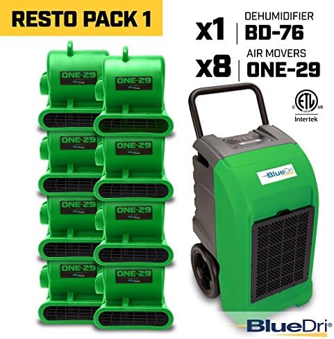 Green BlueDri RestoPack1 includes 1x 76 Pint PPD Stackable Commercial Dehumidifiers 8x 1/3 HP 3 Speed 2.9 Amp One-29 Stackable Air Mover