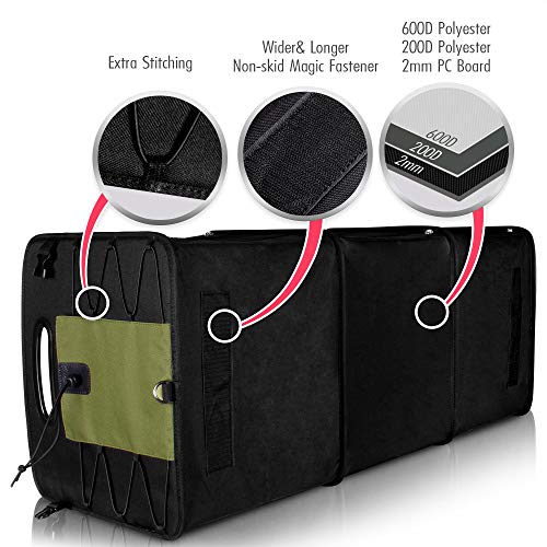 Car Trunk Organizer for SUV [3 Large Compartments] Collapsible Portable Non-Slip Bottom with Tie Down Straps (Green) - Thumbnail 3