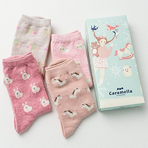 Womens Cute Colorful Cotton Dress Socks-4 Pairs with a Gift Box. Best Gift Idea