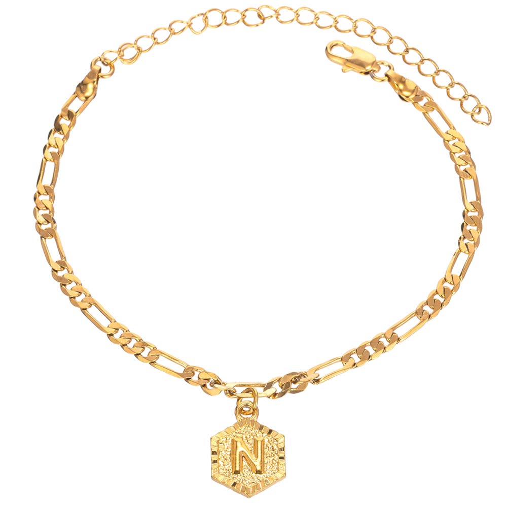 kelistom Gold Initial Anklet for Women Men, 18K Gold Plated Figaro Chain Link Ankle Bracelets for Women Foot Jewelry