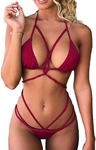 Womens Sexy Halter Strapy Swimsuits Criss Cross Bandage Bikini Sets S Wine Red