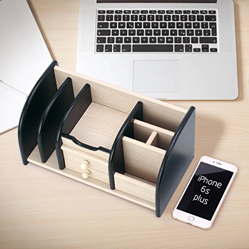 AZDENT Wood Desk Organizer Office Storage Rack with 2 Drawers 5 Compartments 2 Mail Sorter Holder Desktop Table and Counter
