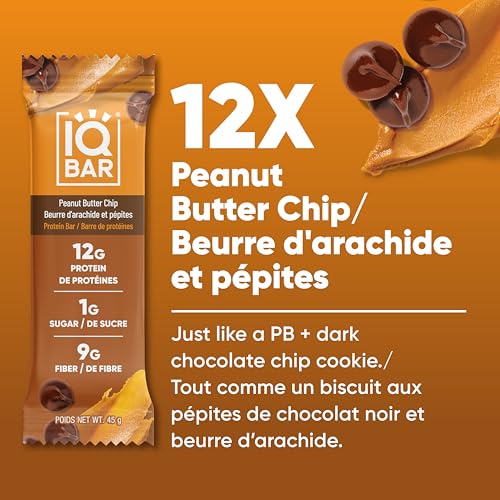 IQBAR Clean Plant Protein Bars - Peanut Butter Chip - 12 Count - Keto, Vegan, High Fiber, Gluten and Dairy Free, Low Sugar Snack - Brain and Body Nutrients for Focus, Energy, Meal Replacement