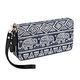 Bohemian Purse Wallet Canvas Elephant Pattern Handbag with Coin Pocket and Strap