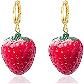 Dreuyet Sweet Strawberry Earrings for Women Creative 3D Simulated Fruit Hoop Earrings Funny Lifelike Red Strawberry Drop Dangle Earring Summer Jewelry