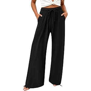 YANEAGOILED Womens Wide Leg Palazzo Pants Dressy Casual Loose High Waist Trousers Drawstring Flowy Work Pants with Pockets