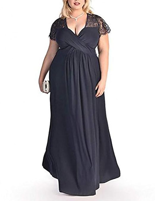 FeelinGirl Damen Plus Size Große Größen Elegantes Langes Spitzenkleid Cocktailkleid Abendkleid Hochzeit Brautkleid mit kurz Ä