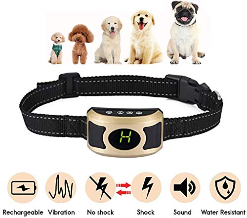 DTLake [Newest Rechargeable Bark Collar – Upgraded Smart Detection Module w/Triple Stop Anti Barking Modes: Beep/Vibration/Shock for Small, Medium, Large Dogs All Breeds – Waterproof (Black) (Gold)