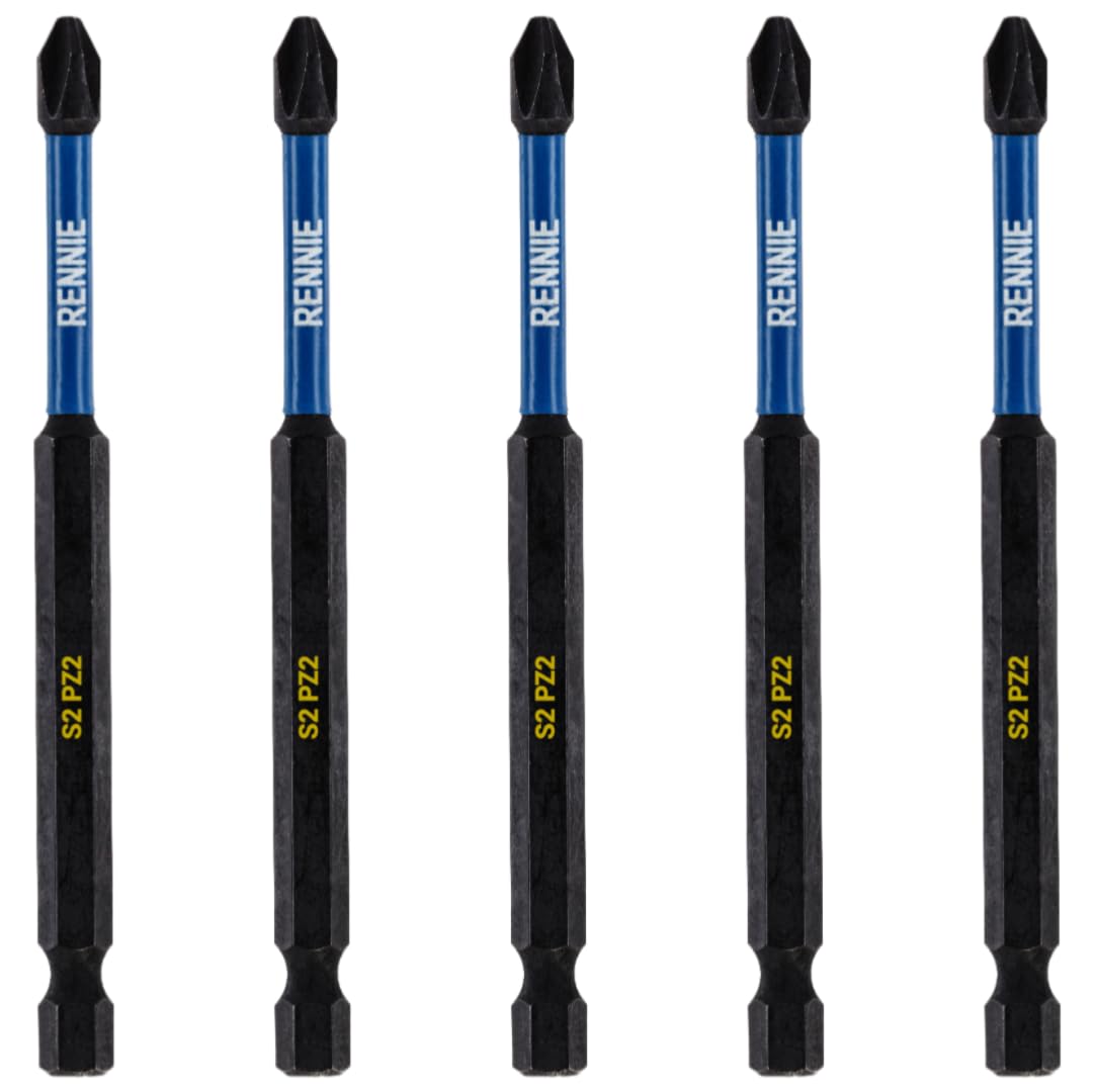 5 x Rennie Tools 100mm Long PZ2 Impact Screwdriver Driver Bits Set. Heavy Duty PoziDriv POZI No.2 Magnetic Screwdriver Bit Set. PZ2 Impact Driver Bits Pozidrive Screw Accessories. Black Oxide Coated