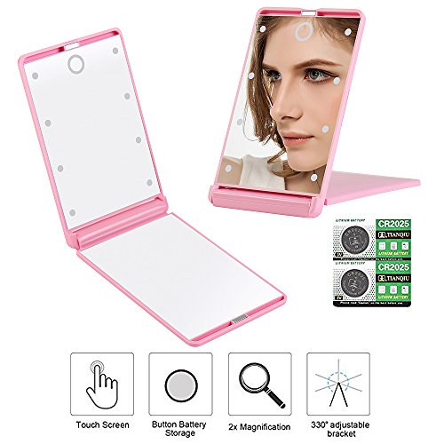 Travel Makeup Mirror with 8 Dimmable Led Lights,Compact Portable Touch Switch Mirrors,Fcebsty LED Lighted Pocket Mirror ,2 x magnifying(PINK) - Thumbnail 7