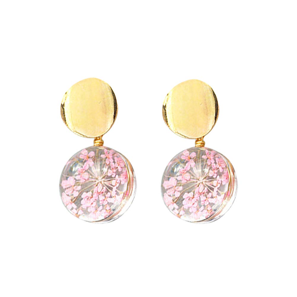 SOIMISS Dried Flower Earrings Resin Round Disc Shaped Drop Earrings for Women Girls Creative Ear Jewelry Decor