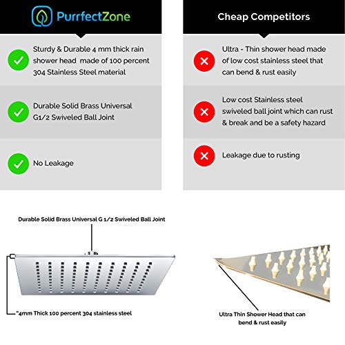 PurrfectZone Rain Shower Head | Rainfall Shower Head – 12 inch Luxury Design Made of 4 mm Solid 304 Stainless Steel with Elegant Column Shaped Nozzles in Chrome | Rain Shower | Waterfall Showerhead