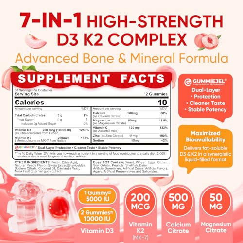 Vitamin D3 K2 Gummies 5000IU / 10,000 IU with 500mg Calcium + K2(MK-7) 200mcg, Magnesium, Vitamin C & Zinc, Extra Strength - Ultimate Absorbency for Bones, Muscles, Teeth, Vegan, 60 Count (Pack of 1)